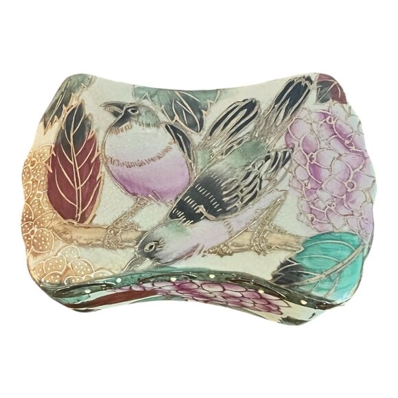Chinese Porcelain Trinket Box 5"x3"x2.5" Pink Flowers & Birds Gold Trim Lacquer - Picture 7 of 11
